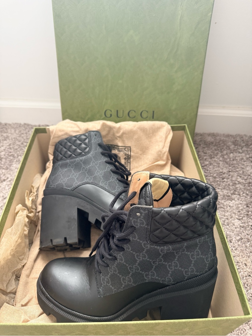 Gucci Black Quilted GG Lace-Up Platform Ankle Boots